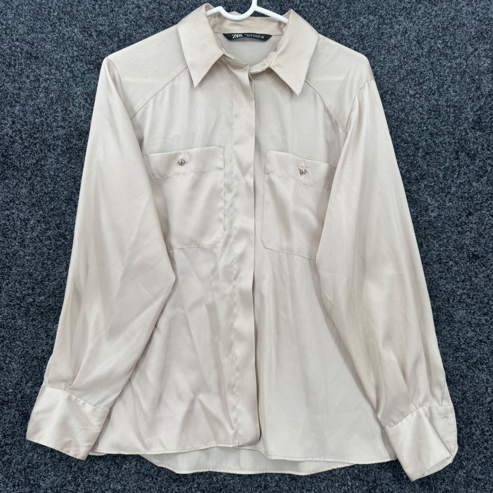 Zara Womens Champagne Beige Satin Button Down Blouse Chest Pockets Size M